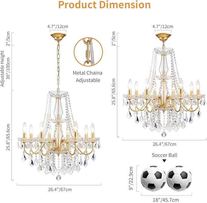 Gold Crystal Chandelier, 8-Light Crystal Chandeliers for Dining Room Light Fixture, Crystal Pendant Ceiling Light Modern Gold Lighting Fixture for Living Room Hallway Foyer Bedroom Kitchen Bathroom