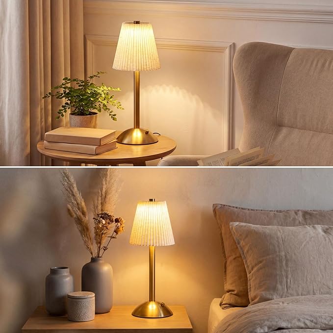 Liliful 2 Pcs Cordless Table Lamp Rechargeable Touch LED Small Gold Portable Battery Operated USB-c Desk Lamp 3 Color Dimmable for Bedroom Living Room Dining (Gold,Linen Fabric)