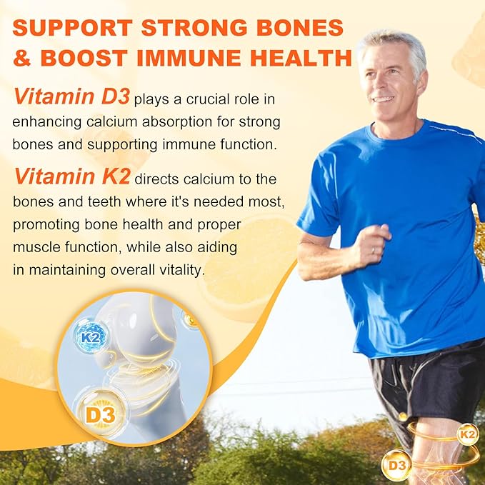 Gummies Vitamine D3 K2 avec D3 10000 UI et K2 200 MCG, Supplément de Vitamine D 6-en-1 avec Magnésium, Zinc et Calcium pour le Soutien Osseux, Immunitaire et Énergétique, Sans Sucre, Arôme Orange, 120 Unités