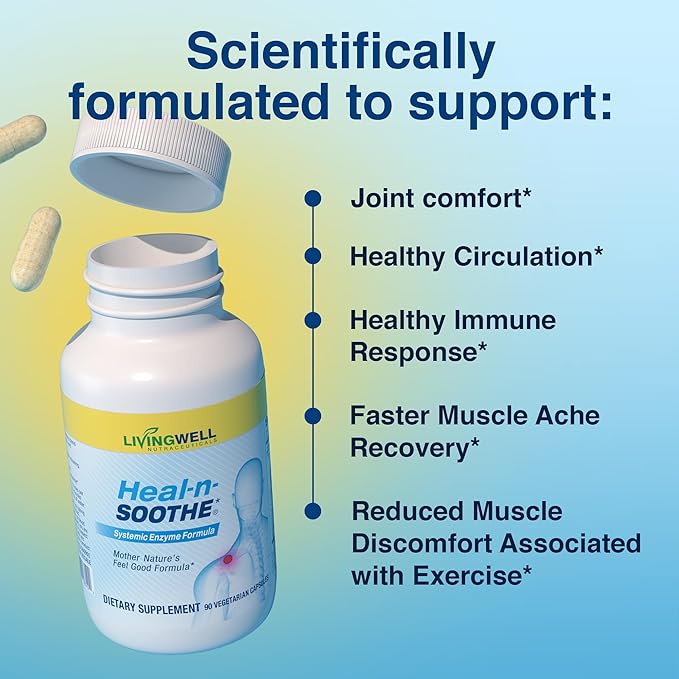 HEAL-N-SOOTHE Complément Articulaire – Formule d'Enzymes Protéolytiques avec Bromélaïne, Papaïne, Boswellia, Curcuma & Gingembre – Mobilité Articulaire, Souplesse Musculaire, Bien-être Circulatoire Sain - 90 Comprimés (1 Paquet)