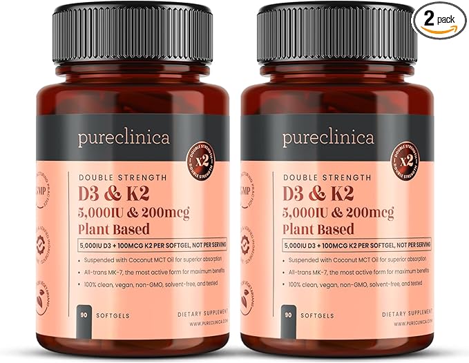 高濃度ビタミンD3 + K2（MK-7） – D3 5,000 IU + K2 100mcg x ビーガンソフトジェル180粒（90粒入り2本） – 植物由来のD3（地衣類）とK2（納豆MK-7） – MCTオイル配合で吸収力アップ – 6ヶ月分