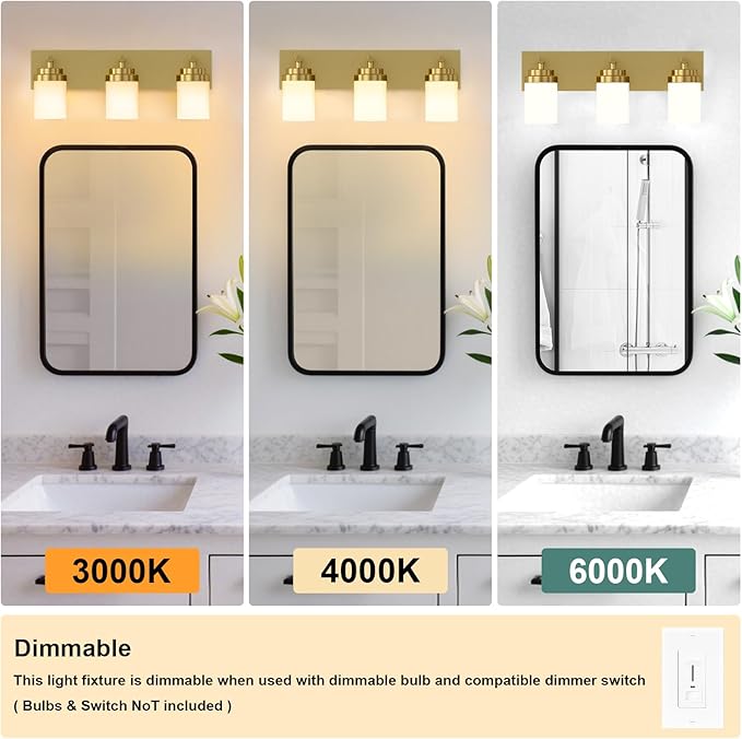 IZORRO Bathroom Vanity Light Fixture, 3-Light 22 Inch Gold Bathroom Light Fixtures Over Mirror, with White Glass Shade, Modern Farmhouse Vanity Lights, Rustic Restroom Lighting Fixtures