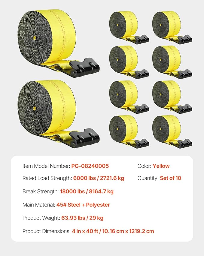 VEVOR Winch Straps, 4" x 40', 6000 lbs Load Capacity, 18000 lbs Break Strength, Truck Straps with Flat Hook, Flatbed Tie Downs Cargo Control for Trailers, Farms, Rescues, Tree Saver, Yellow (10 Pack)