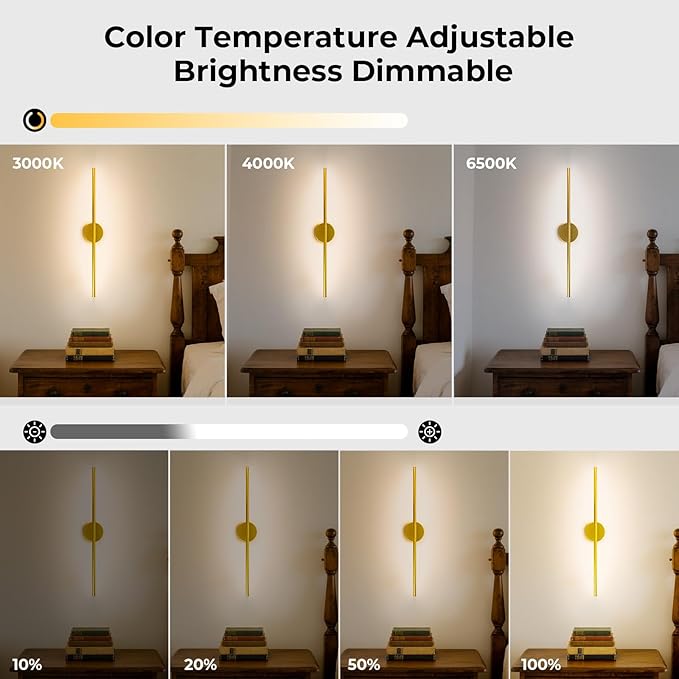GvvooHome 1 Pack Battery Operated Wall Sconce Detachable 360°Rotate, Wireless Wall Light 3000-6500K Dimmable, 10000mAh Rechargeable Wall Lamp for Bedroom, Living Room，28.3 Inch Gold