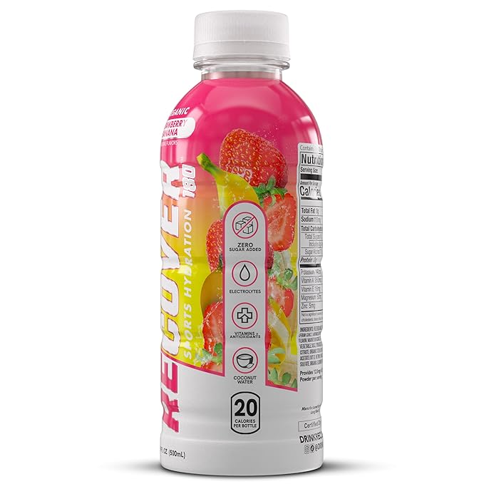 RECOVER 180 Organic Sports Hydration Drink, No Sugar Added, 20 Calorie Sports Beverage, Organic Flavors With Vitamins, Potassium-Packed Electrolytes (16.9 Fl Oz (Pack of 12), Strawberry Banana)
