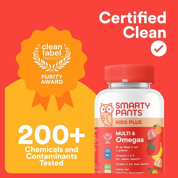 SmartyPants Kids Multivitamin Gummies - Improved Formula: Omega 3 (DHA/EPA), Vitamins D3, C, B12, B6, Vitamin A, K & Zinc, Gluten Free, Three Fruit Flavors, 80 Count (40 Day Supply)