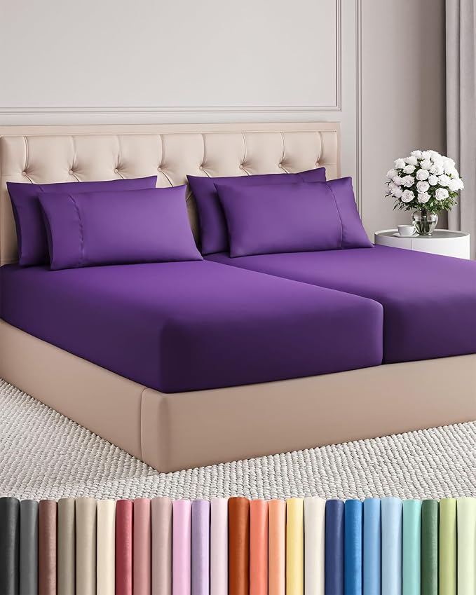 Split King 7 Piece Sheet Set - Comfy Breathable & Cooling - Ultra-Soft Hotel Luxury Bedding Set w/ 8-16 Inch Deep Pockets - 1 Flat & 2 Fitted Sheet & 4 Pillowcases - Wrinkle Free & Easy Care - Purple