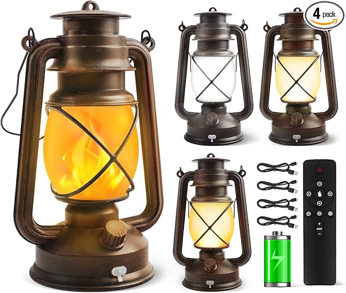 4 Pack Bronze Vintage 4 Modes Light LED Lanterns，Rechargeable Dancing Flame Lanterns Decorative Outdoor&Indoor, Remote Control Waterproof Hanging Lights for Camping,Patio Garden Pathway