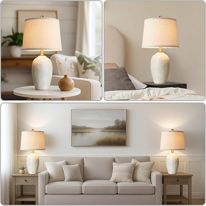AIEAMPDO 21'' Set of 2 Rustic Ceramic Small Table Lamps for Living Room Bedroom, Farmhouse Vintage Nightstand Lamps for Office Entryway End Table, 2 Bulbs Included