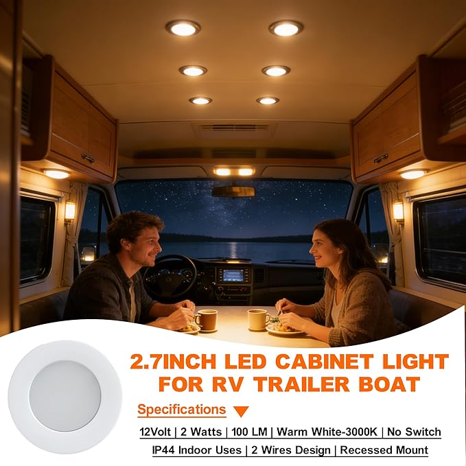 12V Under Cabinet Lighting RV Low Voltage Lights Marine LED Fixtures 12 Volt DC Puck Light Recessed Warm White 3000K, White Shell, 2watts 100lumens 2.7inch Pack of 6