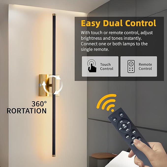 15800 mAh Battery Operated Wall Sconces with Remote Control Dimmable Wall Sconces Set of Two 3000K LED Brass Gold and Black Wireless Wall Light Battery Powered Cordless Rechargeable Sconces Decor