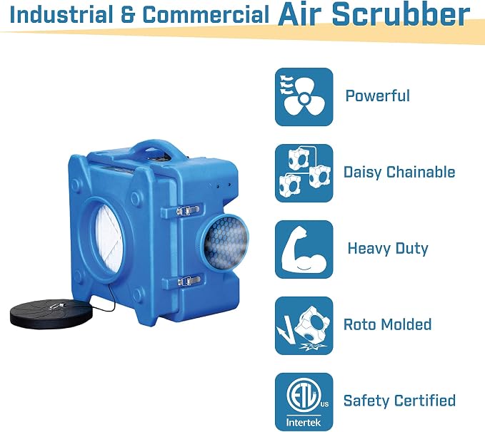 BlueDri Air Shield 550 HEPA Air Scrubber, Water Damage Restoration Equipment Air Purifier, Covers 1400 Sq. Ft, Daisy Chain Capable, For Commercial Use, Gray, BD-AS-550