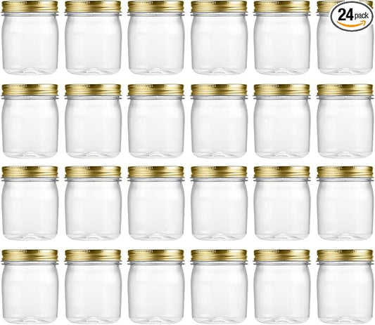 novelinks 8 oz Clear Plastic Jars with Airtight Lids, 24 Pack Plastic Mason Jars with Lids 8oz, Refillable Storage Slime Containers & Small Spice Jar for Kitchen Organization (24 Pack,Gold)