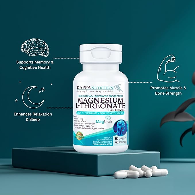 Kappa Nutrition alimenté par Magbrain™ Magnésium L-Thréonate végétal, 90 capsules véganes, 420mg de magnésium élémentaire (3 capsules) à partir de 2 253mg, soutien du cerveau, du sommeil et des muscles.