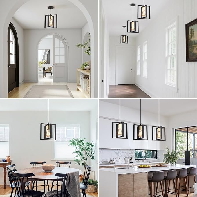 Black Pendant Lights for Kitchen Island Industrial Lantern Pendant Light Fixtures with Golden Lamp Cup, Farmhouse Adjustable Height Hanging Pendant Lighting