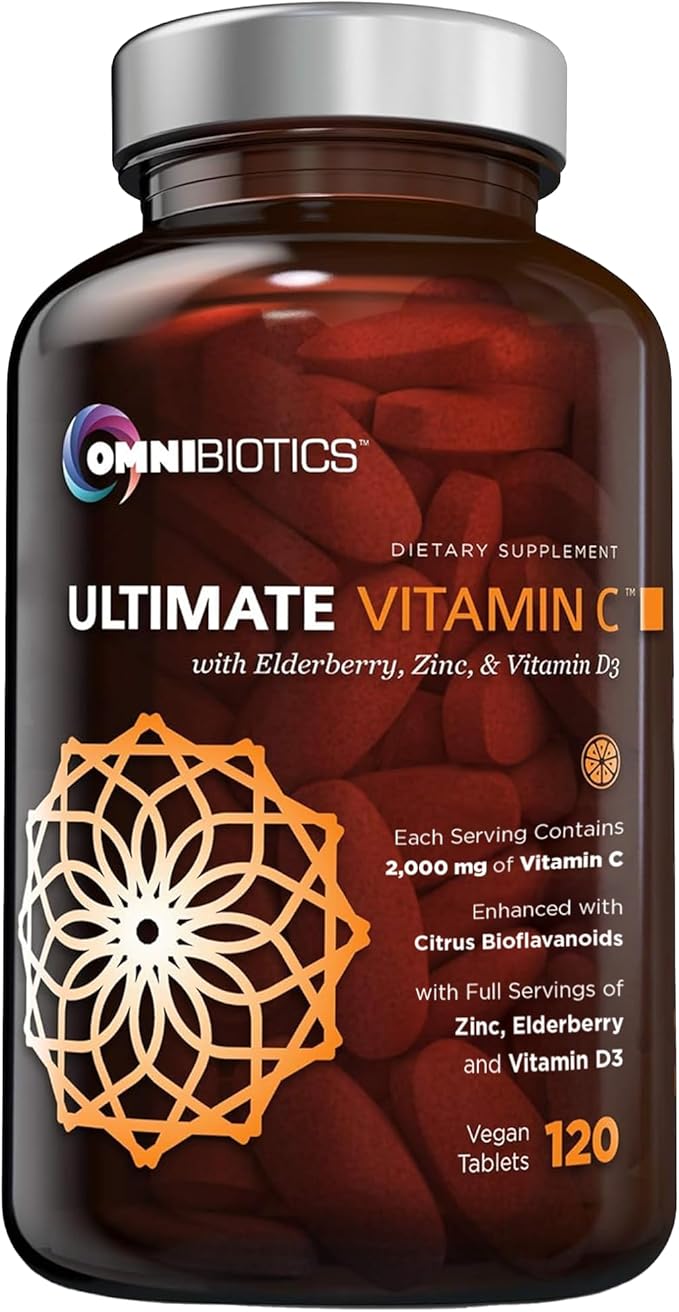 OmniBiotics アルティメット ビタミンC サプリメント 2000mg – 亜鉛、エルダーベリーエキス、D3配合 – 高効力免疫サポート＆コラーゲンブースター – ビーガンタブレット120錠