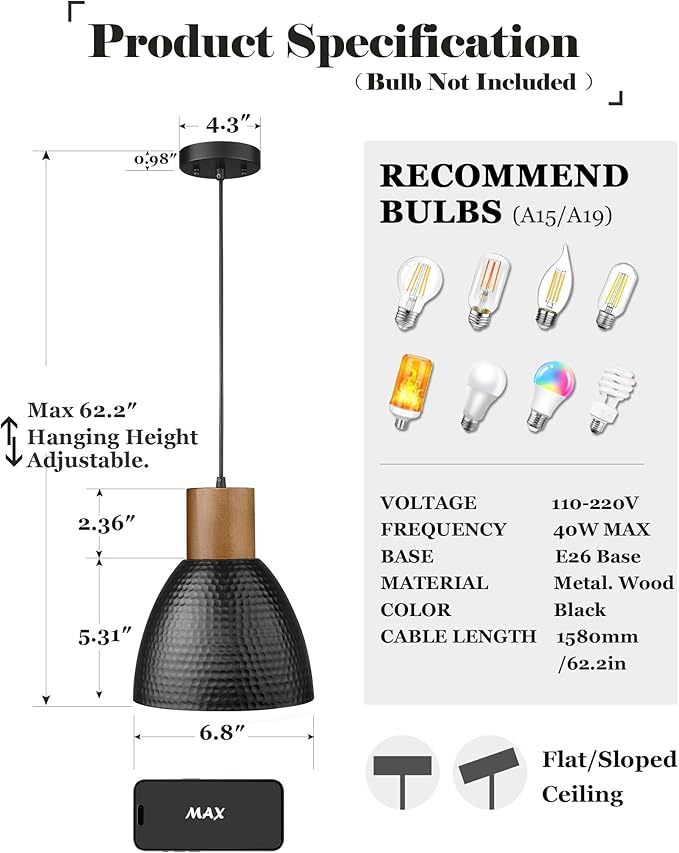 ELYONA 3 Pack Hammered Pendant Lights for Kitchen Island 7” Small Metal Solid Wood Hanging Light Fixtures Adjustable Height Farmhouse Pendant Lighting for Dining Room Bedroom Bar Office, Modern Black