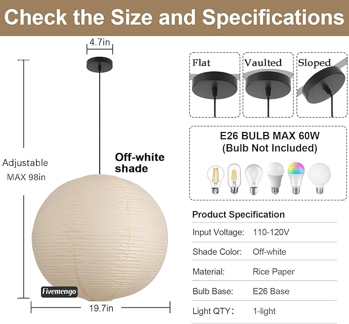 Large Paper Pendant Light with Cord and Canopy, 20in Off-White Rice Paper Hanging Lamp, Japanese Japandi Wabi Sabi Lantern Lamp Chandelier for Living Dining Room Bedroom Kitchen 1 Pack