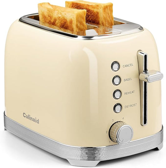 Toaster 2 Slice Retro Stainless Steel with 1.5” Extra Wide Slots Bagel, Defrost, Reheat, Cancel Functions, 6 Bread Shade Settings, Removable Crumb Tray, Cream White