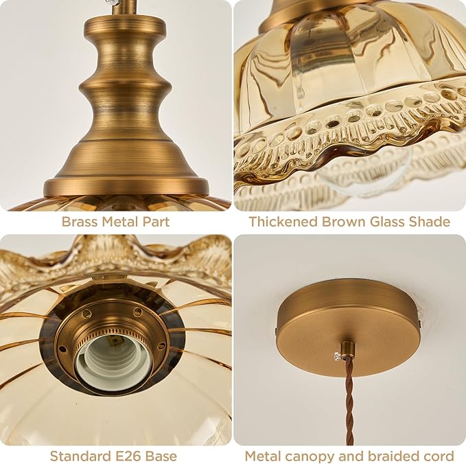 HDDFL Glass Pendant Lights Modern Pendant Lighting Fixtures Hanging Lamp for Kitchen Island Bedroom Dining Room Coffee Shop Hallway Amber and Brass 2 Pack