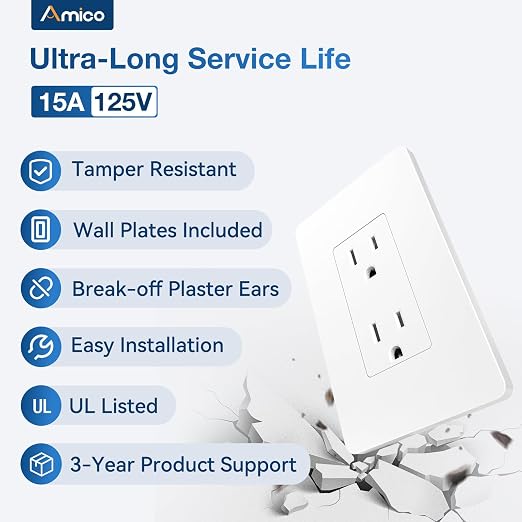 Amico Wall Outlet, UL Listed, Tamper Resistant Standard Electrical Outlet, Decorator Receptacle, Suitable for Home and Business, 125V/1875W, White, 15 Amp - Screwless Wall Plate, 1 Pack