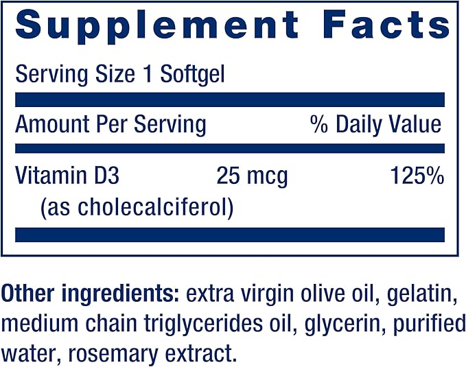 Life Extension Vitamine D3 25 mcg (1000 UI), soutien du système immunitaire, santé osseuse, santé de l'ensemble du corps, format économique, sans gluten, sans OGM, 250 gélules