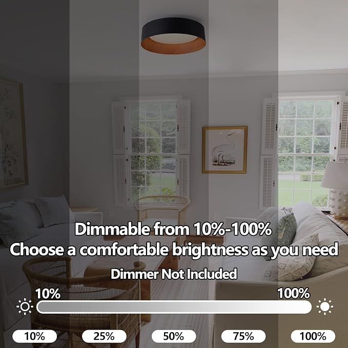 Bargeni Kitchen Flush Mount Ceiling Light, Black Wood Ceiling Light Fixture | 13" ETL-listed dimmable 18W LED ceiling light with 3000K warm white glow, ideal for kitchen, bedroom and hallway lighting