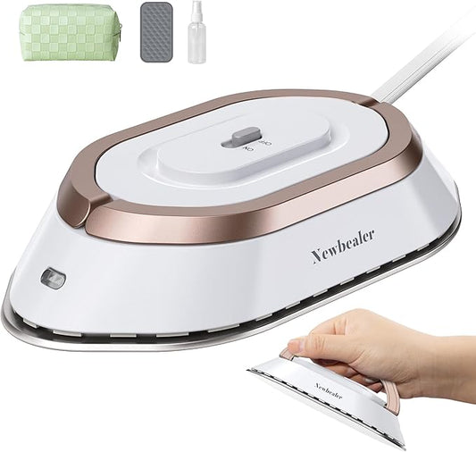 Newbealer Travel Iron Set, 100-240V Mini Dry Iron for Clothes (No Steam) | Max 300W, Heats in 60s, 302℉ Ceramic Soleplate, Handy Heat Press, 0.8lbs Lightweight for Quick Touch-ups Worldwide (Gold)