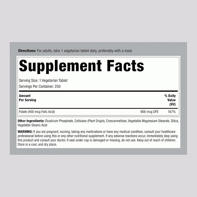 Piping Rock Folic Acid | 400mcg | 250 Vegetarian Tablets | Non-GMO, Gluten Free Supplement