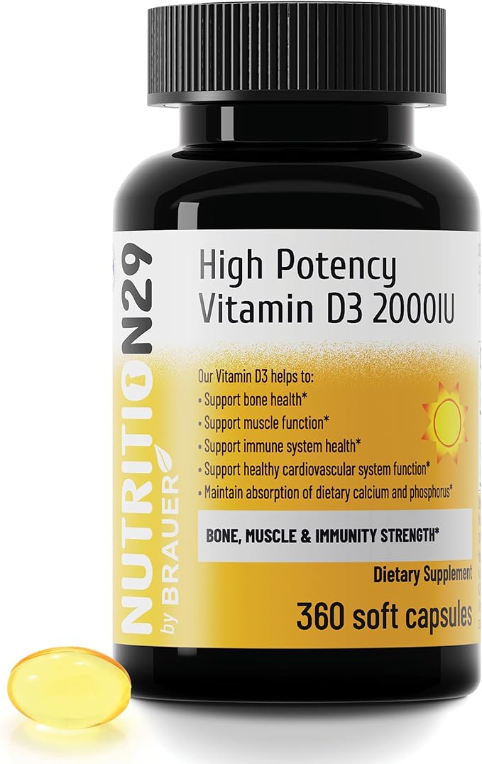 Vitamine D3 2000 UI (50 mcg) avec Vitamine D3 Provitas® de qualité USP, huile d'olive double et TCM pour une meilleure absorption, soutien des os, des muscles et du système immunitaire, sans OGM, approvisionnement de 360 jours