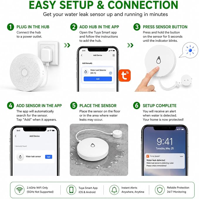 Water Leak Detector Kit with WiFi Hub & 3 Sensors, Smart Water Leak Alarm with App Alerts, 330ft Range, Zigbee Water Sensor for Basement, Kitchen, Bathroom, Washing Machine,White