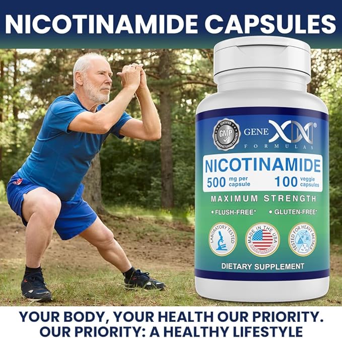 Genex Formulas Nicotinamide 500 mg (Lot de 3) Vitamine B3 Niacine Sans Rougeurs pour une Peau Saine – Complément de Niacinamide en Capsules pour la Production de Kératine, la Santé des Cellules Cutanées et l'Énergie (300 Capsules)