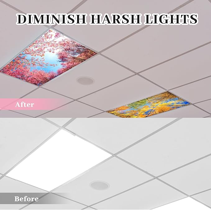 Hortsun 12 Pcs Fluorescent Light Covers Bulk, 4 x 2 ft Magnetic Fluorescent Drop Ceiling Lighting Covers Light Filter Shade for Home, Office, Hospital, School Classroom Decoration(Seasons Forest)
