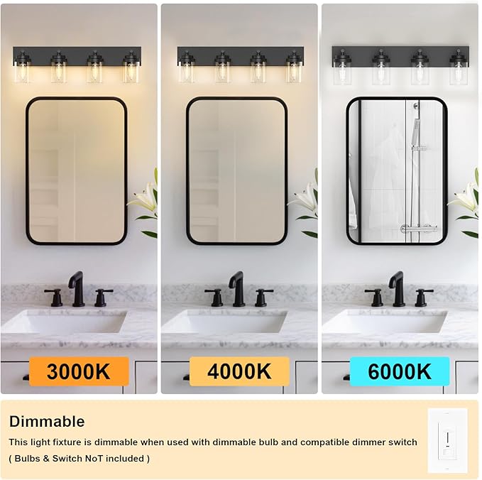 IZORRO Bathroom Vanity Light Fixture, 4-Light 30 Inch Matte Black Bathroom Light Fixtures Over Mirror, with Clear Glass Shade, Modern Farmhouse Vanity Lights, Rustic Restroom Lighting Fixtures