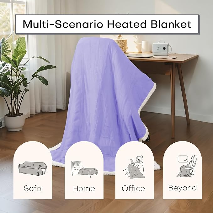 Electric Heated Blanket Twin Size 62"x84" – ETL Certified for Safe Overnight, 4 Heat Settings & 10H Auto Off, Dual-Sided Microplush Sherpa for Home Theater Night, Machine washable – Light Purple