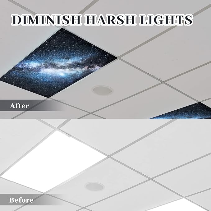Hortsun 12 Pcs Fluorescent Light Covers Bulk, 4 x 2 ft Magnetic Fluorescent Drop Ceiling Lighting Covers Light Filter Shade for Home, Office, Hospital, School Classroom Decoration(Galaxy)