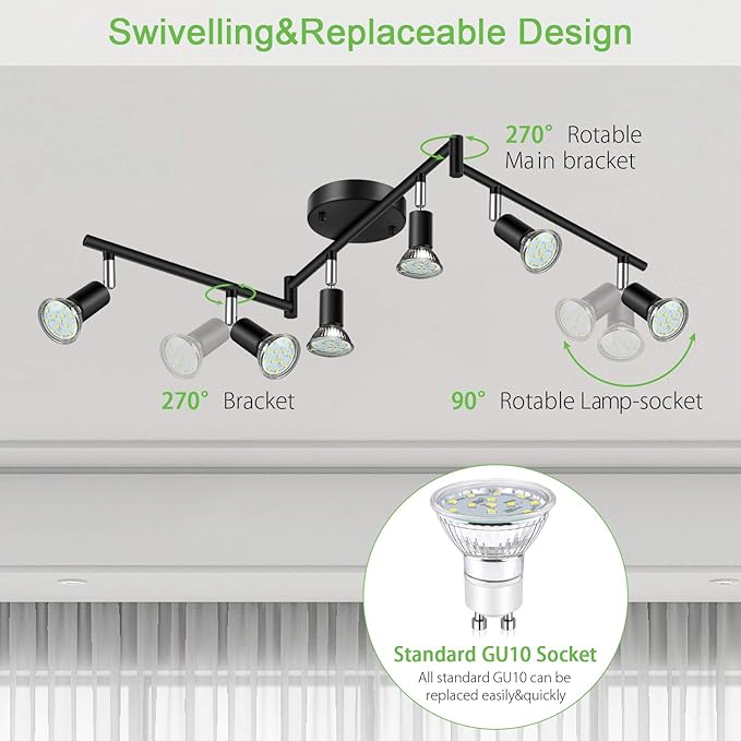 Unicozin LED 6 Light Track Lighting Kit, 46.5'' Black 6 Way Ceiling Spot Lighting, Flexibly Rotatable Head, Track Light Included 6 x LED GU10 Bulb (4W, Daylight White 5000K, 400LM)
