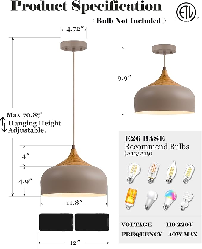ELYONA 12 Inch Japandi Pendant Light, Farmhouse Pendant Light Fixture with Faux Pine Wood Grain Metal Shade, Adjustable Hanging Light for Kitchen Island Dining Room Bedroom Sloped Ceiling, Dark Brown