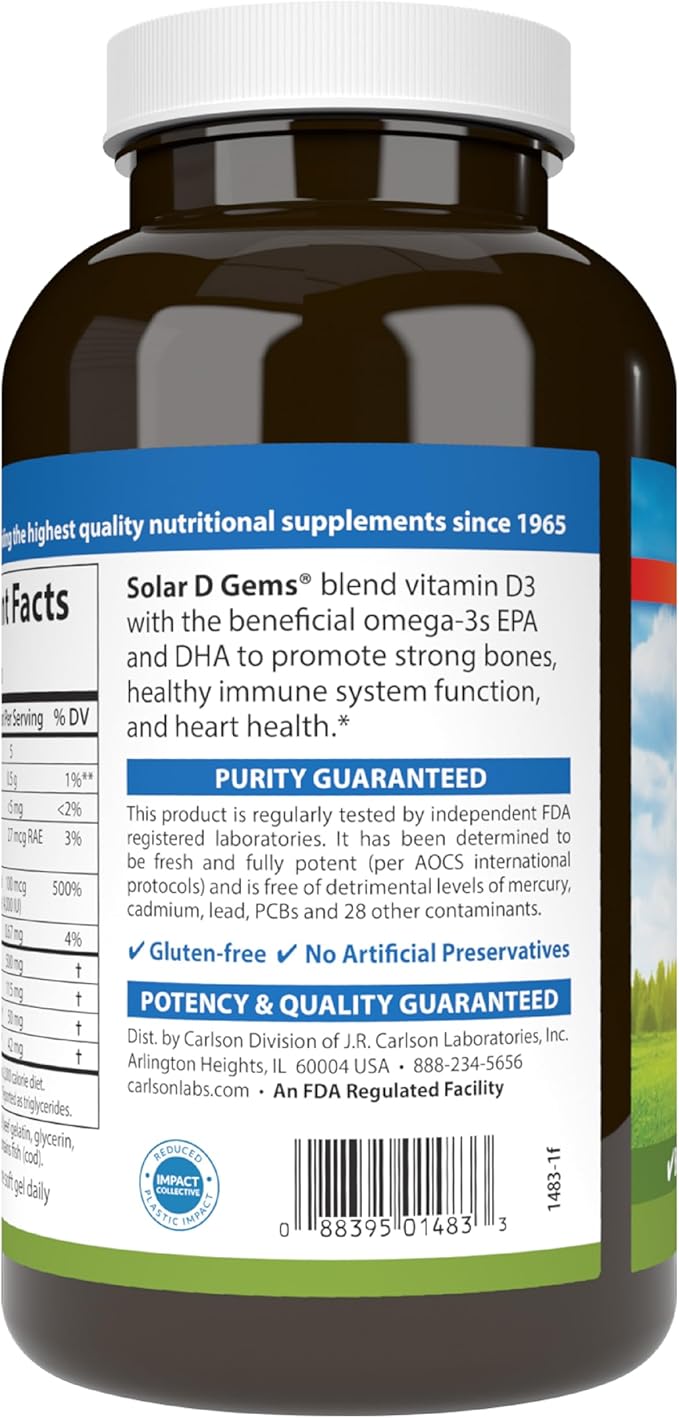 Carlson Solar D Gems, 4 000 UI D3 + 115 mg d'oméga-3, 360 gélules