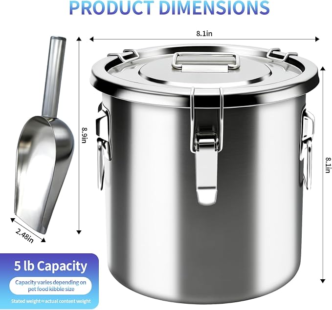 5LB Stainless Steel Dog Food Storage Container, Airtight Metal Pet Food Storage Bin with Lid and Scoop, Large Dog Food Container for Dry Food, Keep Fresh, Easy to Clean