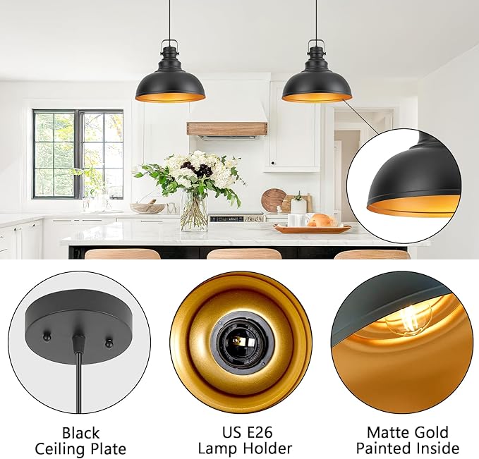 Refice 16 Inch Farmhouse Pendant Lights Kitchen Island Black Pendant Lighting Industrial Dome Island Pendant Lights, Adjustable Height, Hanging Lights, Dining Room, Barn