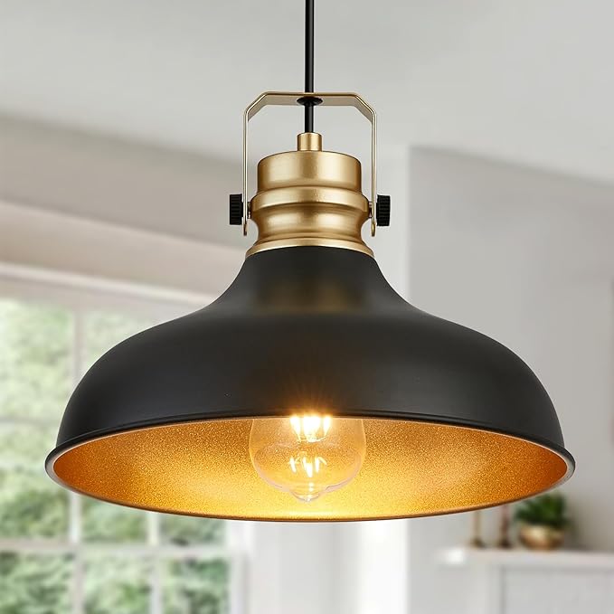 Black and Gold Farmhouse Pendant Lights Matte Pendant Lighting for Kitchen Island Industrial Adjustable Height Vintage Dome Hanging Light Fixtures for Barn, Dining Room 3 Packs