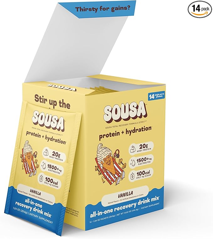 Sousa Protein + Hydration Total Recovery Formula, 20g Protein, 1500mg Electrolytes, Vitamins C, B3, B6, B12, 14 Servings (Vanilla)