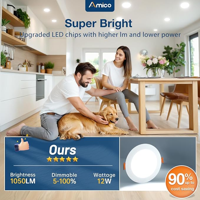 Amico 6 Pack 6 Inch 5CCT Ultra-Thin LED Recessed Ceiling Light with Junction Box, 2700K/3000K/3500K/4000K/5000K Selectable, 12W Eqv 110W 1050LM Brightness Dimmable Canless Wafer Downlight, ETL & FCC