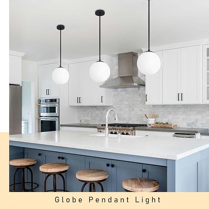 Bagood 10 Inch Globe Pendant Light Contemporary Globe Pendant Lights Black Mid Century Pendant Light Adjustable Hanging Light Fixture Matte Black Finished with Milk Glass Lampshade for Kitchen Island