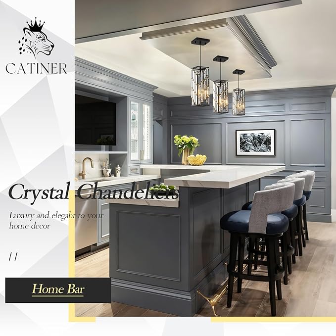 CATINER Black Crystal Pendant Lights 3 Pack, Mini Hanging Pendant Lighting Fixture with Adjustable Cord, Modern Kitchen Island Pendant Lights for Dining Room, Bedroom, Hallway, E26 Base