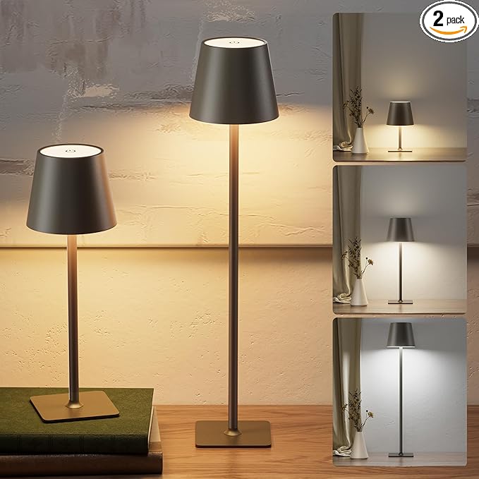 JACKYLED Cordless Lamp DIY Height, 3 Color Stepless Dimming, 5000mAh Battery Operated Lamp Portable Rechargeable for Bedroom Dinning Kitchen, Golden Bronze, 2 Pack