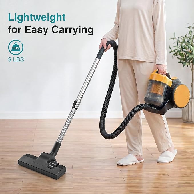 OLIXIS Canister Vacuum Cleaner for Home, Lightweight Portable Vacuum Cleaners with Automatic Retractable Cord, Bagless Canister with Washable HEPA Filter for Hardwood Floor & Carpet, Yellow