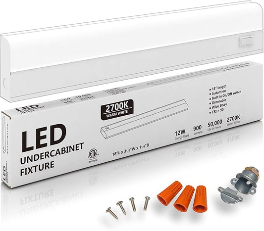 Hardwired LED Under Cabinet Task Lighting - 12 Watt, 18", Dimmable, CRI>90, 2700K (Warm White), Wide Body, Long Lasting Metal Base with Frost Lens