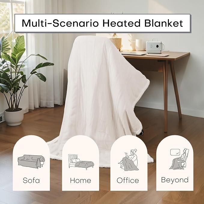 Electric Heated Blanket Twin Size 62"x84" – ETL Certified for Safe Overnight, 4 Heat Settings & 10H Auto Off, Dual-Sided Microplush Sherpa for Home Theater Night, Machine Washable – White